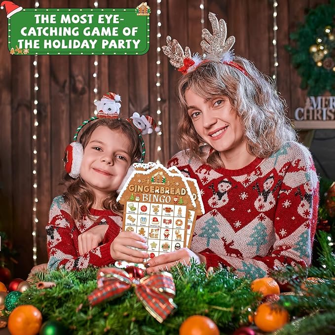 39Pcs Christmas Gingerbread Themed Bingo Game for Kids Adults 24 Players Christmas Baking Game Cards with Reward Stickers for Family Friends Students Large Group Activities Winter Holiday Party Favors