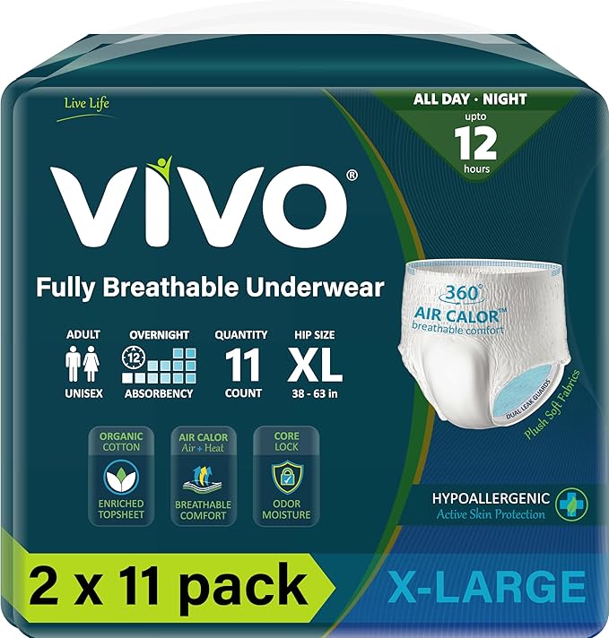 VIVO Organic Cotton Sensitive Skin Overnight Adult Incontinence Pullup Underwear, Women & Men, X-Large 22 Count