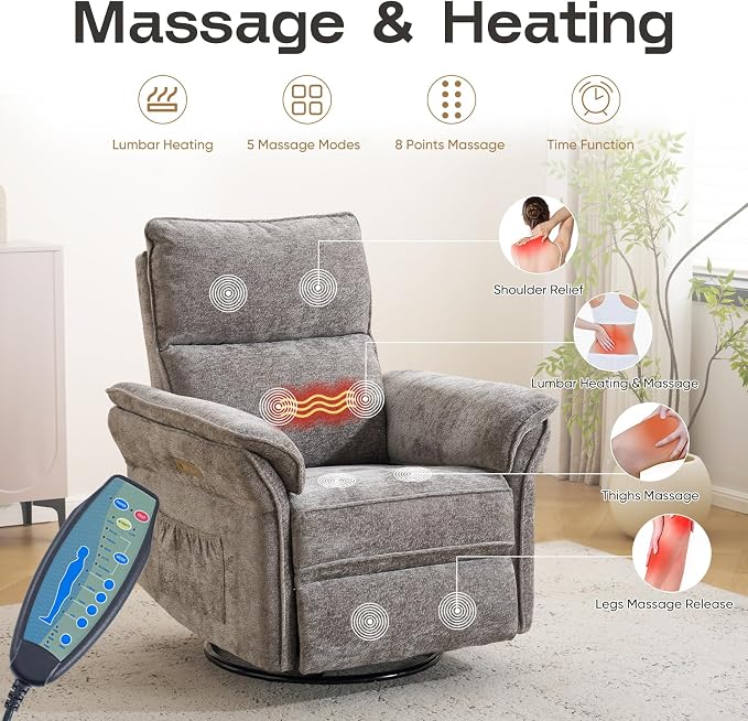 Power Nursery Recliner with Auto Rocking,Oversized Swivel Rocker Recliner with Massage and Heat,Glider Recliner Nursery Chair with Adjustable Headrest for Living Room and Bedroom,Dark Grey