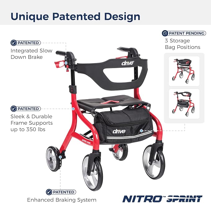 Drive Medical Nitro Sprint Rollator Walker with Seat, Petite Height, Red | Lightweight Rollator with Large Wheels Offers Short, Foldable Design for Seniors and Adults Every Day