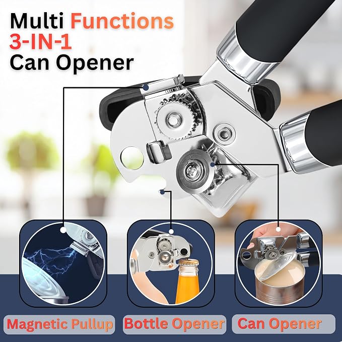 Can Opener Heavy Duty, Smooth Edge Safe Cut, Easy Grip Stainless Steel Can Openers for Seniors, Kitchen Tool, Manual Rotary Can Opener