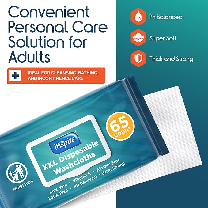 Inspire Adult Wet Wipes, Wash Cloths for Incontinence & Cleansing for Elderly, 8"x13" (780 Count)
