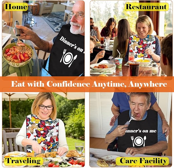 Adaptive Utensils with Adult Bib - 4pcs Weighted Utensils Set (2.5oz Each) for Hand Tremors, Elderly, Parkinson's, Arthritis - Non-Slip Easy Grip Handles for Independent Eating