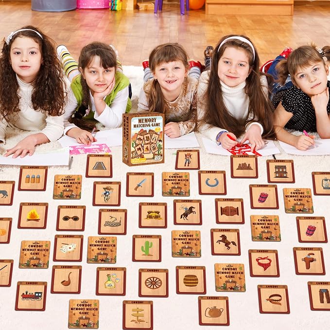 gisgfim 100 PCS Memory Matching Game Cowboy Concentration Memory Card Games for Kids Educational A Fun & Fast Western Party Favor Wild West Theme Matching Games