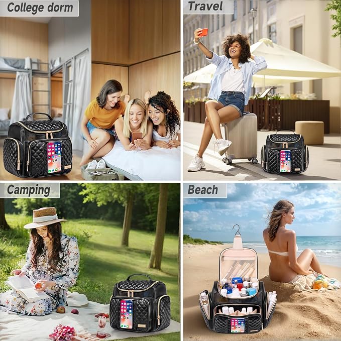 Large Leather Toiletry Bag for Women Men,Bathroom Bag,Water Resistant Shower Bag,Makeup Bag,Portable Shower Caddy for College Dorm,Hanging Travel Toiletry Bag with Transparent Waterproof Phone Pocket