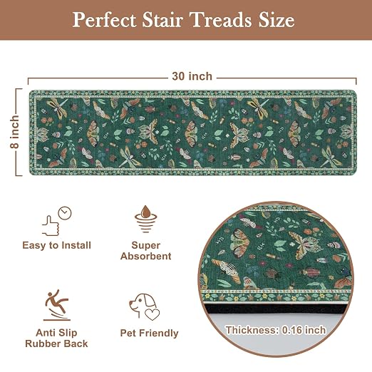 OJIA Insect Stair Treads Non Slip 15PC 8"x30" Stair Runner for Wooden Steps | Indoor Carpet Stair Treads Rubber Stair Mats Residue-Free Staircase Step Treads for Kids, Elders, Pets, Dark Green
