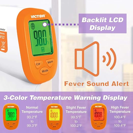 Victor T9000 Non-Contact Digital Infrared Forehead and Wrist Thermometer, for Adults and Kids, Quick 1 Second Readings, 3-Color Temperature Warning Display, White/Orange