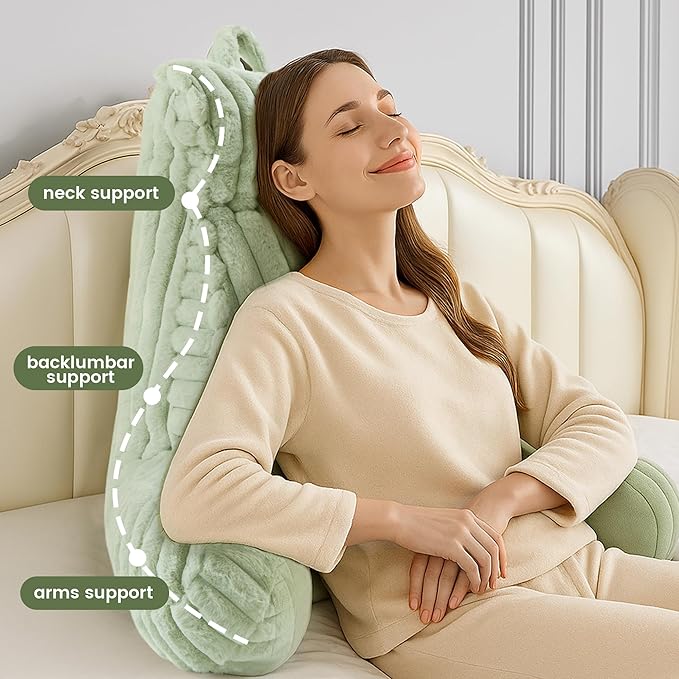 Amélie Home Faux Fur Reading Pillow with Pocket for Sitting in Bed, Adult Backrest Bed Pillow with Washable Cover for Lounging, Study & Relaxing, Sage Green 25 inches