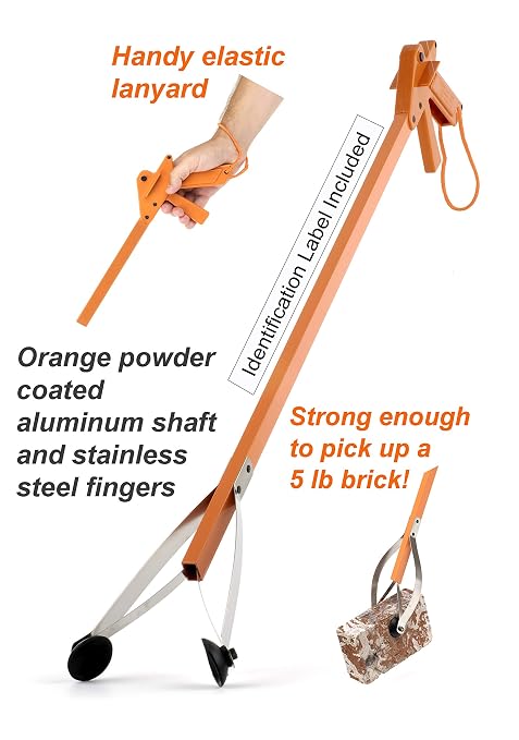 Orange-U-Tongs PRO Grade Litter Pick up Tool, Elastic Lanyard, Suction Cup Reacher Grabber for Indoor or Outdoor Use, 33" Reach, 5lb. Pick Up Capacity, Orange, 36", 6 Pack (7702-6)