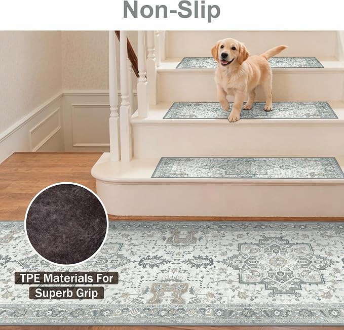 SARBEN 24"x60" Non Slip Stair Treads for Wooden Steps 1 Pack, Taupe | Peel and Stick Carpet Stair Runner with TPE Adhesive Backing, Carpet for Added Safety, Pet and Senior Friendly