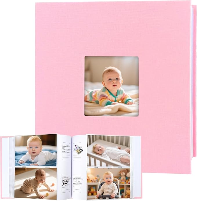 4x6 Photo Album Holds 240 Photos with Writing Space, Linen Cover Picture Book with Front Window for Family Wedding Baby Travel & Graduation Memories, Pink