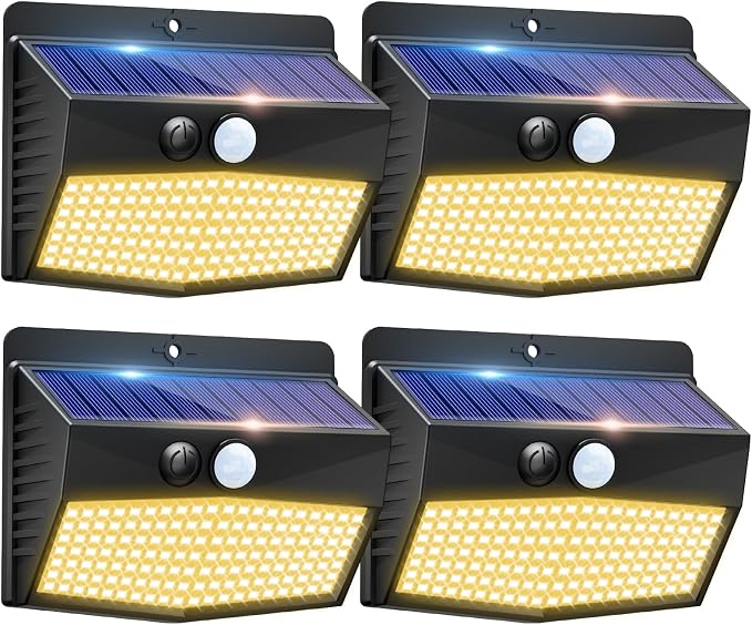 4 Pack Solar Motion Sensor Lights Outdoor Waterproof with 3 Modes | Warm White, Black Frame, LED, Solar Powered, Security Lighting for Outside Wall Garden Fence Yard Deck Patio Garage