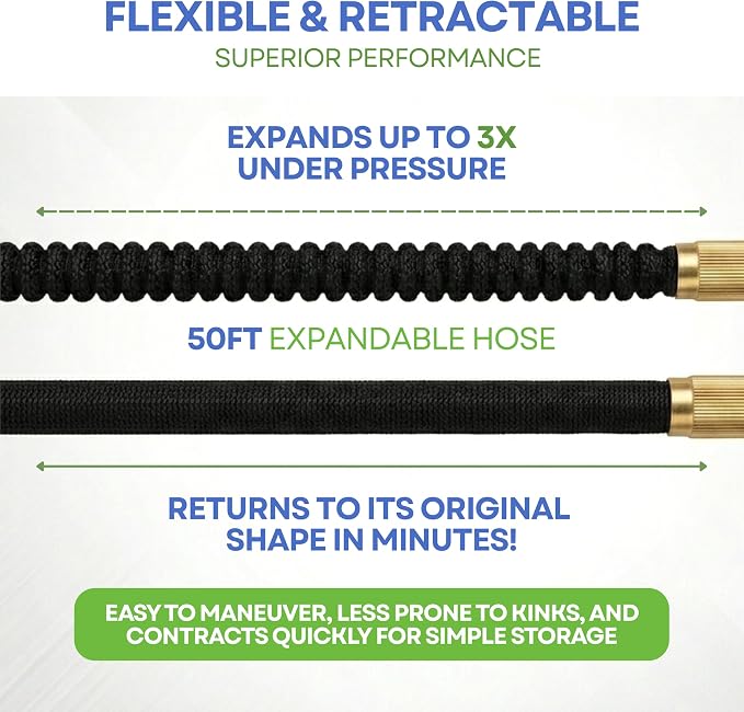 J&B XpandaHose 50ft Expandable Garden Hose, Lightweight, Brass Connectors | Ultra Strong 3750D fabric, 4-layer latex core, expands 3X, kink & leak-resistant, 10-pattern nozzle, storage bag