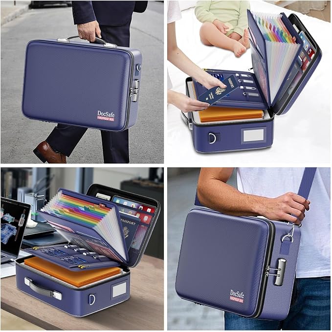 DocSafe Fireproof Document Box Hard Case with Lock ＆ Accordion File Folder | Fire and Water Resistant Safe Box,File Organizer,Multi-Pocket,Home Office Travel Storage for Important Document,Laptop,Blue