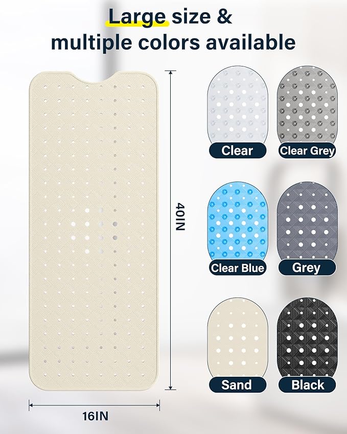 Non Slip Bathtub Mat for Tub & Shower, Machine Washable 40"x16" Anti Slip Bath Mat with 2 Hooks, Soft & Comfortable and Extra Largefor Families, Sand