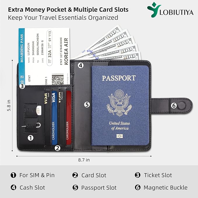 Passport Holder For Travel with Slot for AirTag & Luggage Tag Cover – RFID Blocking Travel Passport Wallet for Women/Men/Family | PU Leather Passport Case with Extra Money Pocket, Black