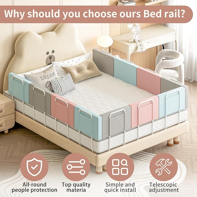 Bed Rail, Bed Rail for Toddlers, Kid, 78.7 Inch Bed Side Rails Safety for Queen, King, Full, Twin, Bunk, Dorm Beds to Prevent Falls, Bed Barrier for Dogs, Easy Installation (Gray, 4 Packs)