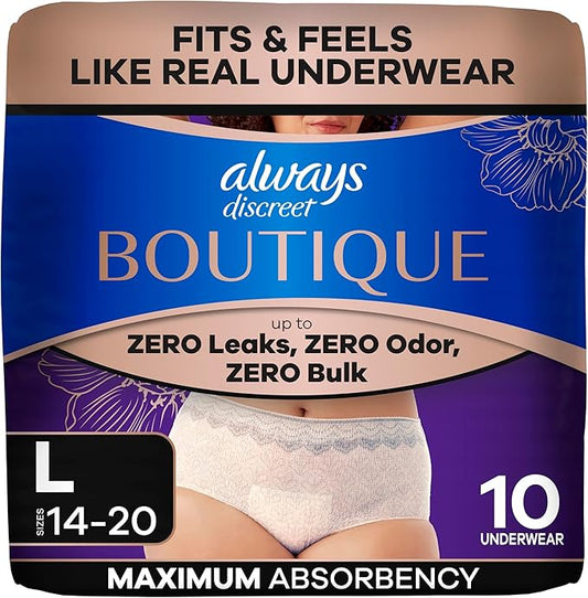 Always Discreet Boutique Incontinence and Postpartum Underwear for Women, Maximum Protection, Large, Rosy, 10 Count