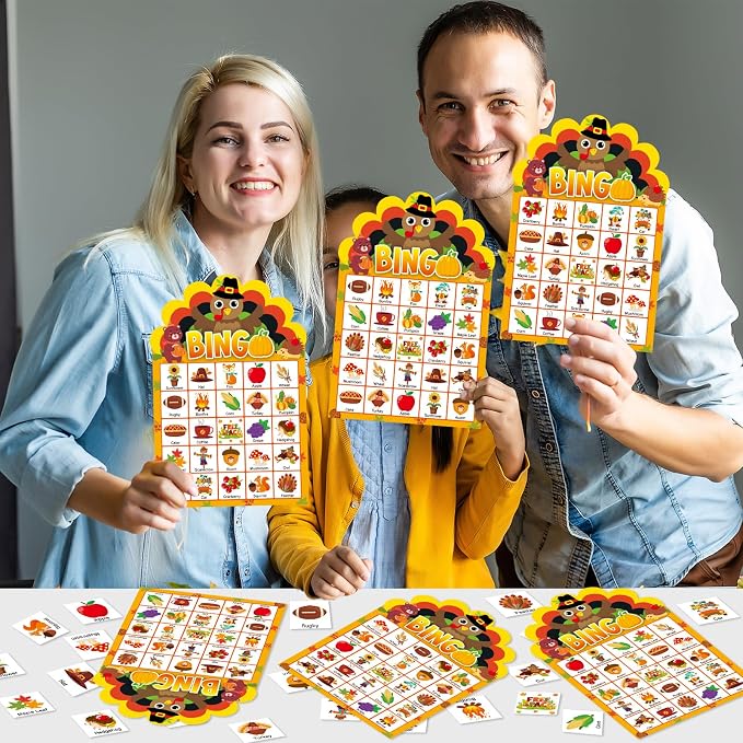 39 Pcs Thanksgiving Party Bingo Game for Adults Kids 24 Players Turkey Shaped Bingo Game Cards with Reward Stickers for Family Friends Students Large Group Activities Fall Autumn Festival Party Favors