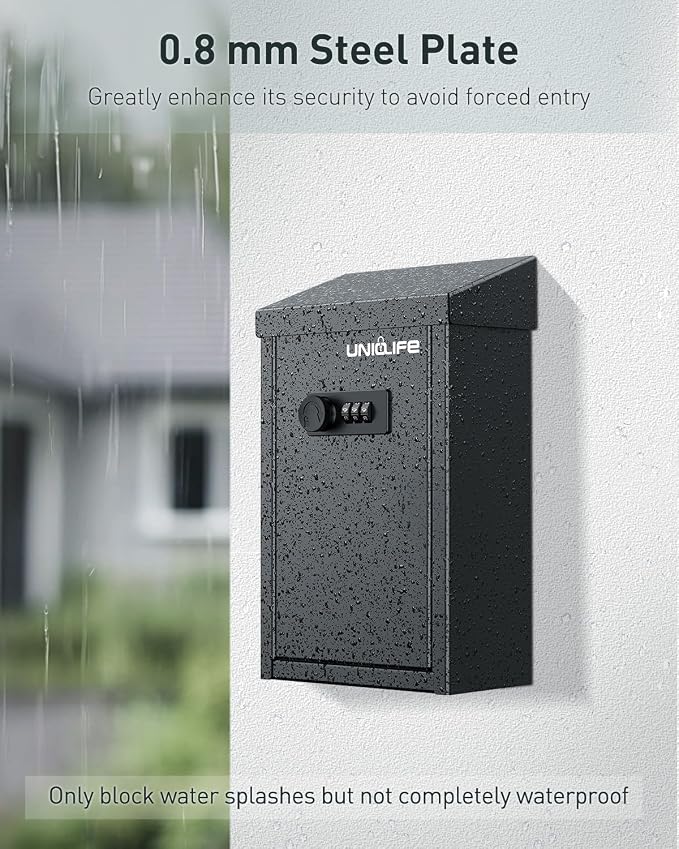 Uniclife Cash Box with Combination Lock, Wall Mounted Mailbox for Outside | Black Code Lock Box, Metal Donation Box with Top Slot, Suggestion Box for Office and Business