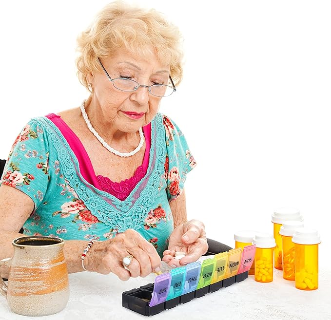 Fullicon Weekly Pill Box Organizer, 7 Day Tablet Boxes for Vitamins and Supplements, Easy to Open Large Medicine Box, Portable Push Button Arthritis Friendly Medication Organizer for Travel