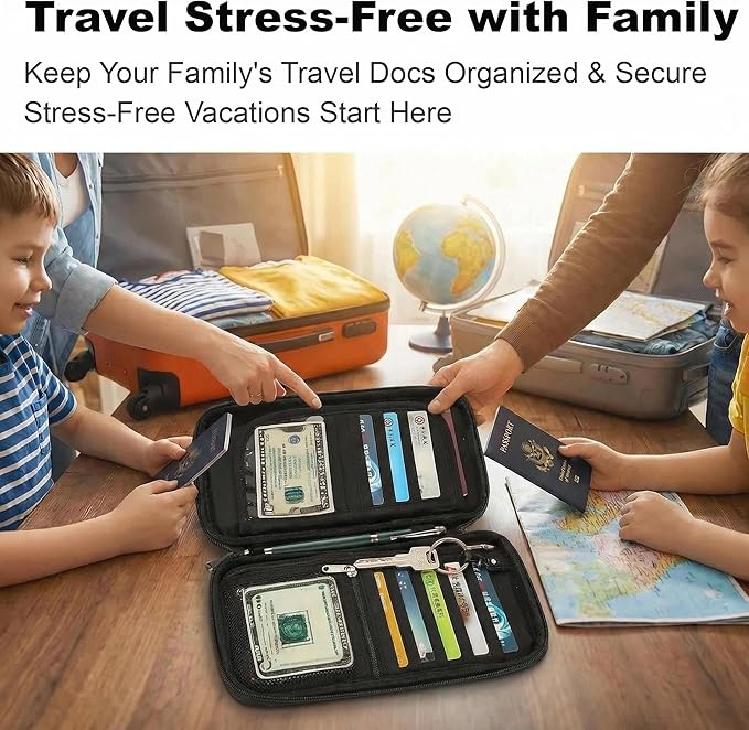 Travel Passport Holder, Water Resistant Travel Document Organizer for Family, Portable Passport Case with Wrist Strap for Travel, Vacation, Business Trip