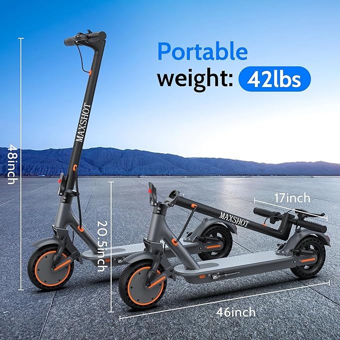 Maxshot Electric Scooter, 8.5" /10" /14" Tire, 16/19/22 Mph Top Speed, 12/16/21/27/28/49/50 Miles Long Range, Folding Escooter for Adults and Kids with Seat Bag, Dual Braking, Dual Suspension, App