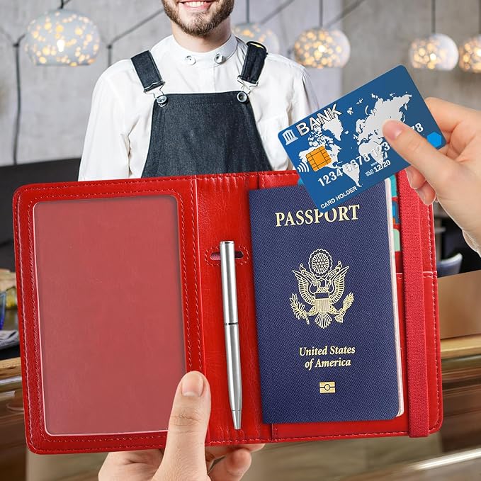 ACdream RFID BLOCKING Passport Holder Travel Wallet - Premium PU Leather Cover Passport book with Card Holder, Pen Slot, Keep Organization, and Travel Essentials for Women and Men, Red