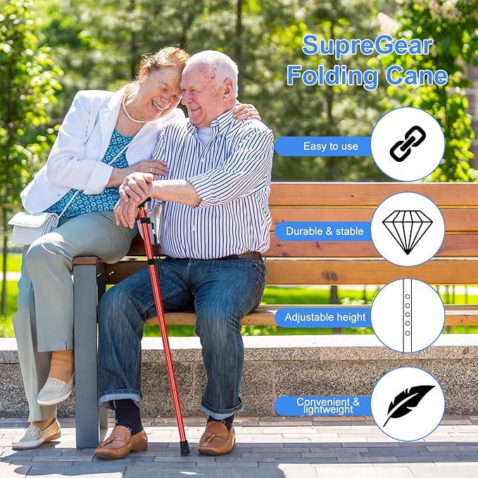 supregear Folding Cane, 5-Level Adjustable Height Walking Stick Lightweight Collapsible Portable Travel Cane with Wrist Strap and T Handle for Elderly Disabled Men Women