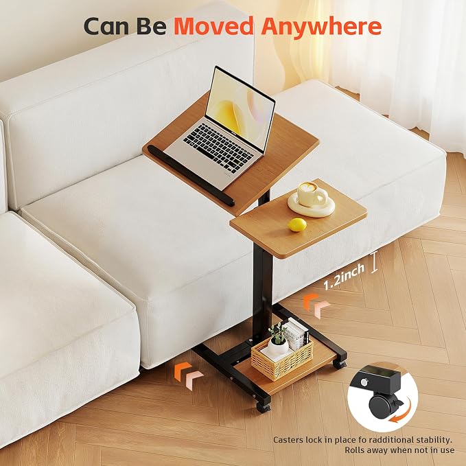 Laptop Desk Stand for Bed Portable Desk Overbed Bedside Mobile Laptop Table Rolling Foldable Table Adjustable Height with Locked Wheels & Mouse Pad for Office Sofa (Natural Color)