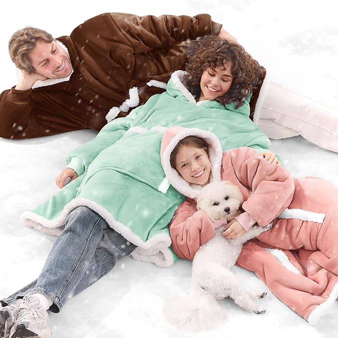JOYWOO Brown Oversized Wearable Blanket Hoodie,Cat lovers Long Hoodie Blanket for Adult,Birthday Gifts for Women Men Grandpa,Cozy Fuzzy Sherpa Fleece Sweatshirt Hooded Blanket Giant Pocket,Oversize