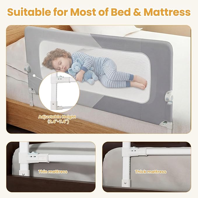 Foldable Bed Rail, 57in Reinforced Carbon Steel Frame & Connectors, Breathable Cationic Fabric - Safety Bed Rail Fits Queen, King, Twin, Full, No-Tool Easy Setup