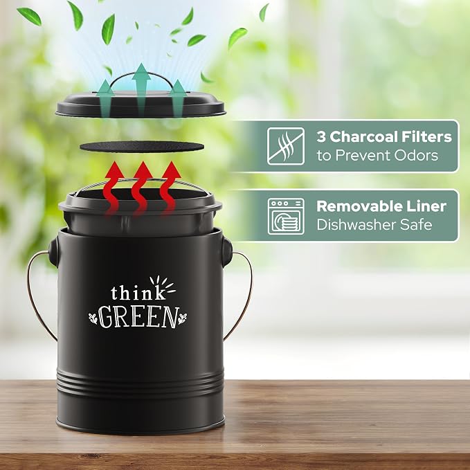 Barnyard Designs 1.2 Gallon Kitchen Counter Compost Bin with Lid (Black) | Countertop Composter with Smell-Absorbing Filters and Removable Inner Bucket; Food Waste Pail for Easy Cleaning