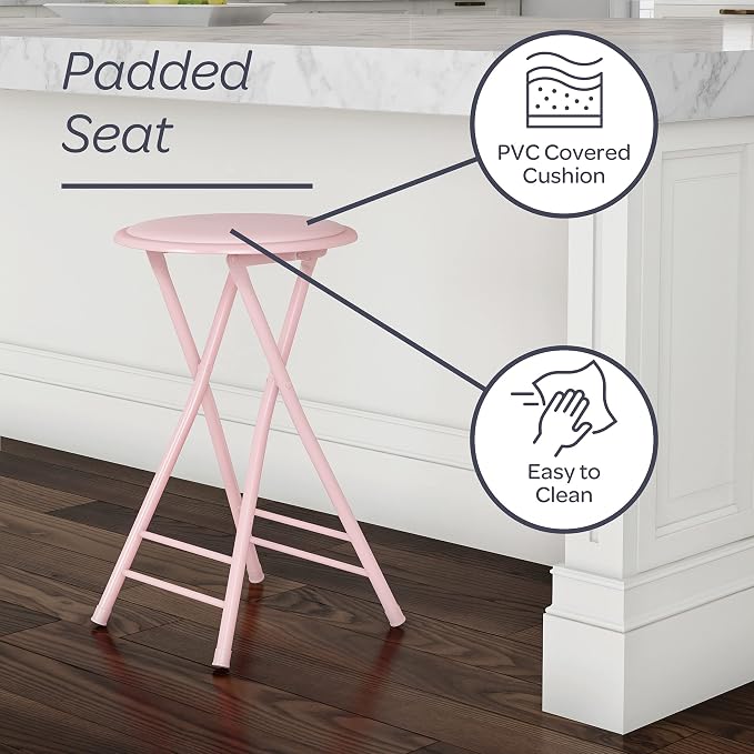 Lavish Home Folding Stool with Padded Backless Seat, Pink, 24 Inch | Counter Height Bar Stools with 225lb Capacity, Portable Indoor & Outdoor, Extra Seat for Kitchen, Rec Room or Camping