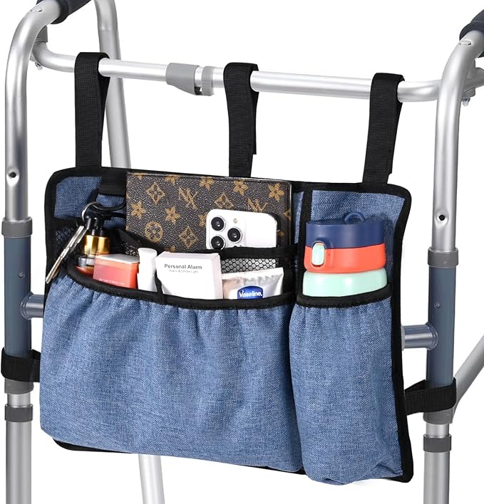 Xlajiao Walker Bag with Cup Holder, Premium Walker Basket for Folding Walker, Foldable Walker Storage Bags for Seniors with Big Capacity & Water Resistant, Blue