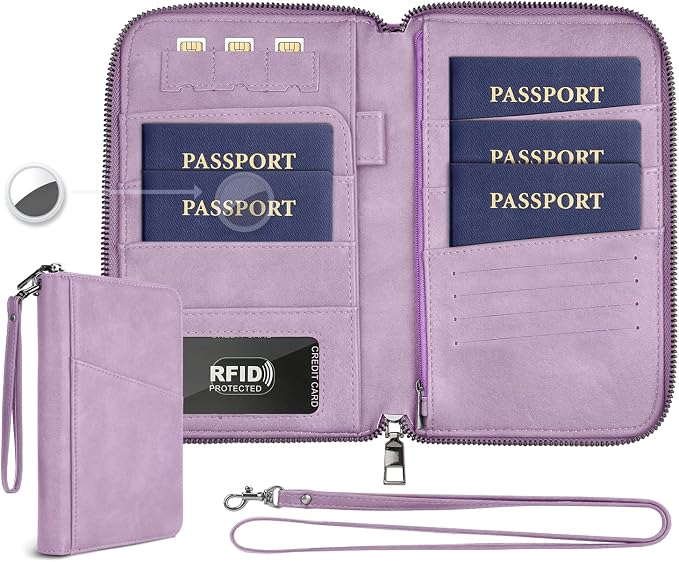 Family Passport Holder Wallet RFID Travel Document Organizer for Women Men, Portable Case Cover for Cards, Boarding Pass with Wrist & Neck Double Strap, Travel Gifts (Purple, 1pack)