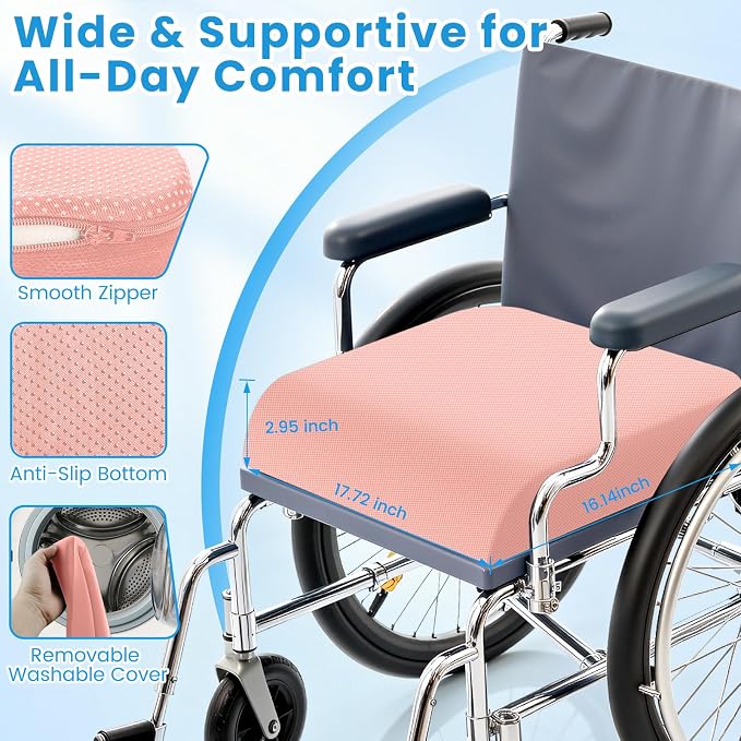 Wheelchair Seat Cushion for Pressure Relief, Cooling Gel Memory Foam Chair Cushion with Slope-Edge Design, Coccyx Support for Tailbone Pain, Non-Slip, for Wheelchairs, Office Chairs & Car Seats, Pink