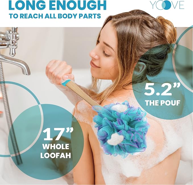 Yoove Body Scrubber Loofah with Handle - Green Shower Pouf | Charcoal infused shower loofah with long handle - back scrubber for women - exfoliating bath pouf for deep skin cleansing