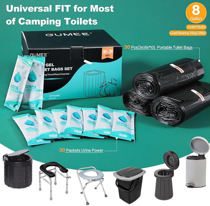 OUMEE Lemon 30 Portable Toilet Bags with 30 Poo Gel Set, 8 Gallon | Camping Toilet Bags with Absorbent Gels Waste Bags, Portable Trash Bag for Camping Potty Rvs Travel