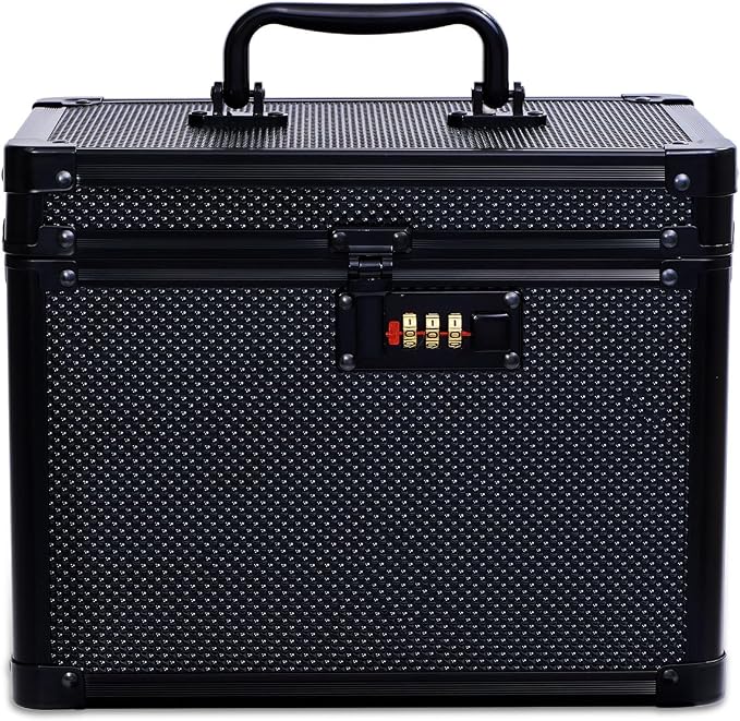 Medication Combination Lock Boxes with Code for Personal Items, Medicine Lockbox for Documents 10 x 7.25 x 7.75 Inches Shoulder with Belt Pure Black