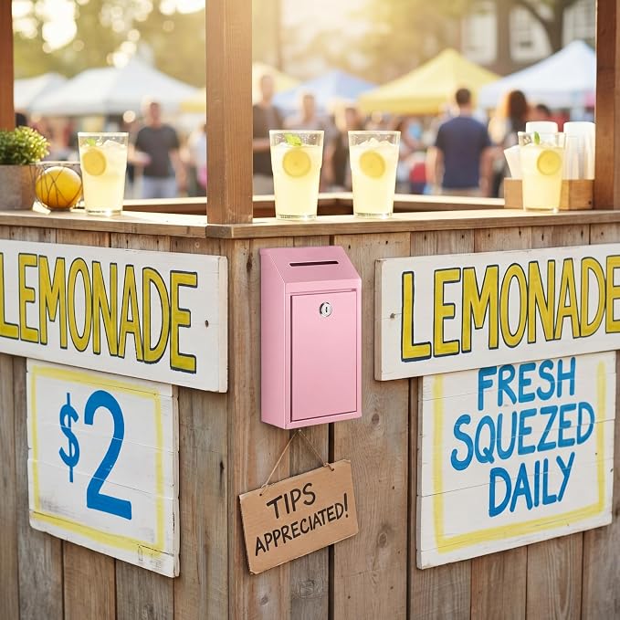 Yaocom Metal Money Box,Pink,10.24 x 5.71 x 2.95 Inch,No Lid | Wall Mounted Drop Donation Cash Box for Farm Stand Collection Safe Suggestion Box with Lock Container for Home Office Outdoor