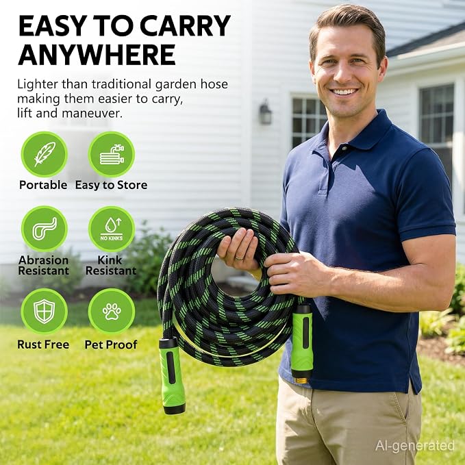 NON-EXPANDABLE Garden Hose 75 FT Water Hose with 10-Function Spray Nozzle | Yard hose Heavy Duty Steel Metal Flexible,Durable Fabric Skin,No Kinks & Leak-Proof with Upgraded Handle hose pipe outside