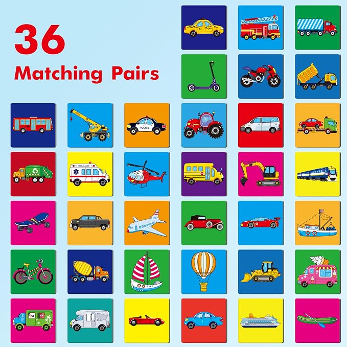 Hebayy Vehicle Matching Game, 72 PCS Traffic Memory Matching Cards for Toddlers 36 Pairs Transportation Memory Cards Educational Toys for Preschool Boys & Girls 4 5 6 Years Old
