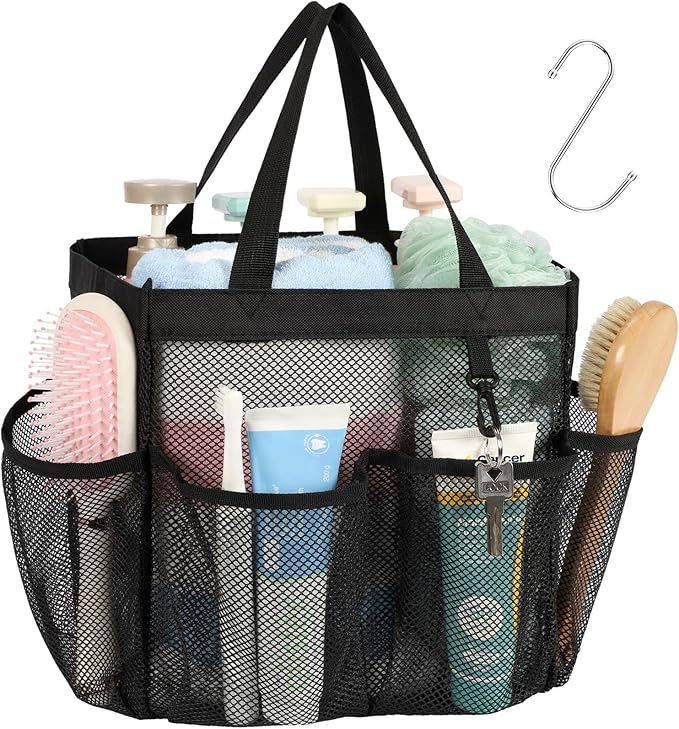 Mesh Shower Caddy Portable - 8 Pockets, S-Hook, Shower Bag for Dorm Camping | 2-Handle, Quick-Dry, Hanging Toiletry Organizer, College Dorm Room Essentials for Girls, Gym, Travel & Bathroom, Black
