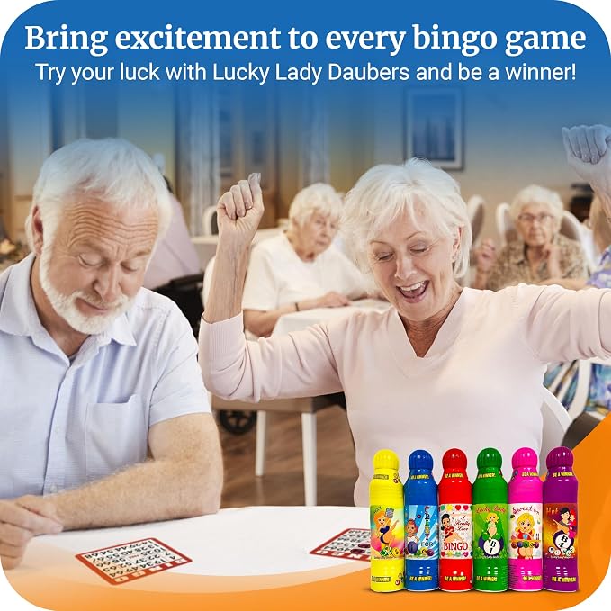 Lucky Lady Bingo Daubers for Adults - 6-Pack Assorted Colors Bingo Markers - Smooth & Even Application, Non-Drip & Quick-Dry Formula, Made with Dab-O-Ink