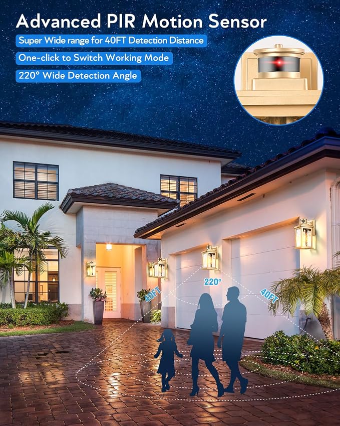 VIANIS Gold Motion Sensor Outdoor Lights Lantern, Exterior Lights for House | UL Listed, Dusk to Dawn Anti-Rust Porch Lights Sconce, Garage Lights Wall Mount for Patio, Doorway, Fade-resistant, 2 Pack