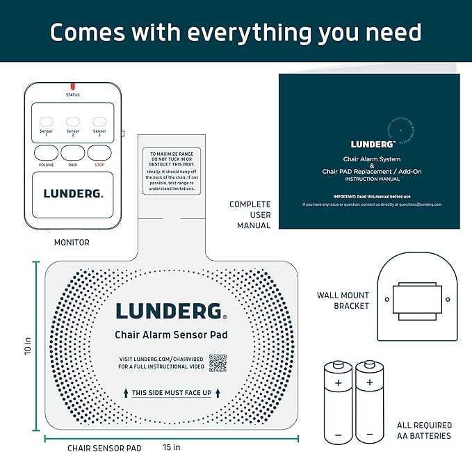 Lunderg Chair Alarm System - Wireless Chair Alarms and Fall Prevention for Elderly and Dementia Patients - Smart and Reliable Elderly Monitoring Kit for Caregiver - Perfect Complement to Bed Alarm