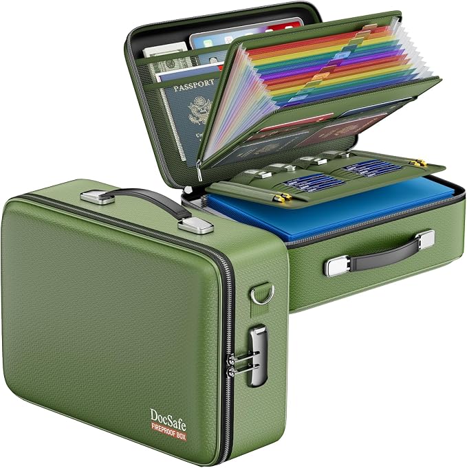 DocSafe Fireproof Document Box Hard Case with Lock ＆ Accordion File Folder | Fire and Water Resistant Safe Box,File Organizer,Multi-Pocket,Home Office Travel Storage for Important Document,Laptop,Green