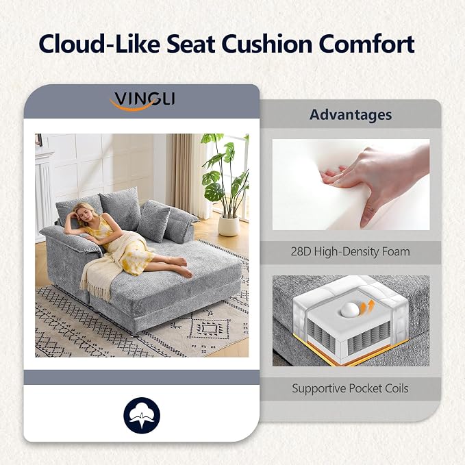 VINGLI Modern Floating Chaise Lounge Chair with Acrylic Legs, Upholstered Cushion Deep Seat Lounge Sofa with Iron-Wood KD Frame, Pillow Armrest, Accent Chair for Living Room, Play Room Apartment