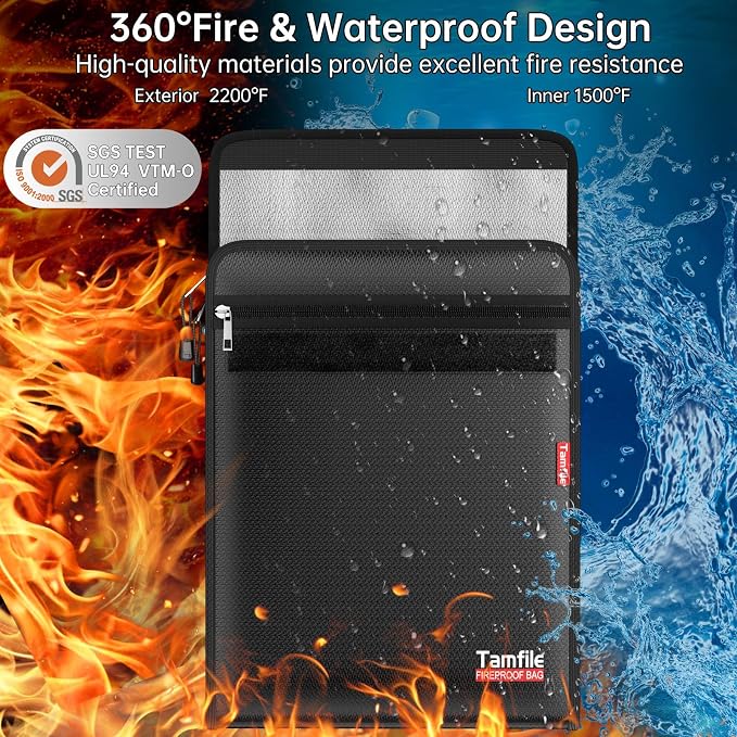 6400℉ Fireproof Document Bag, 15”x 11” Waterproof Document Organizer, Black | Fireproof Money Bag, 2 Pockets,Safe Important Document Organizer for A4 A5 Legal Letter Size, Valuables, Legal Documents
